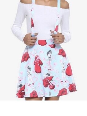 Hot Topic Light Blue Skirt with Pink Cherry Blossoms and Red Graphic